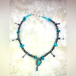 Vintage Sterling Silver Turquoise squash blossom necklace.